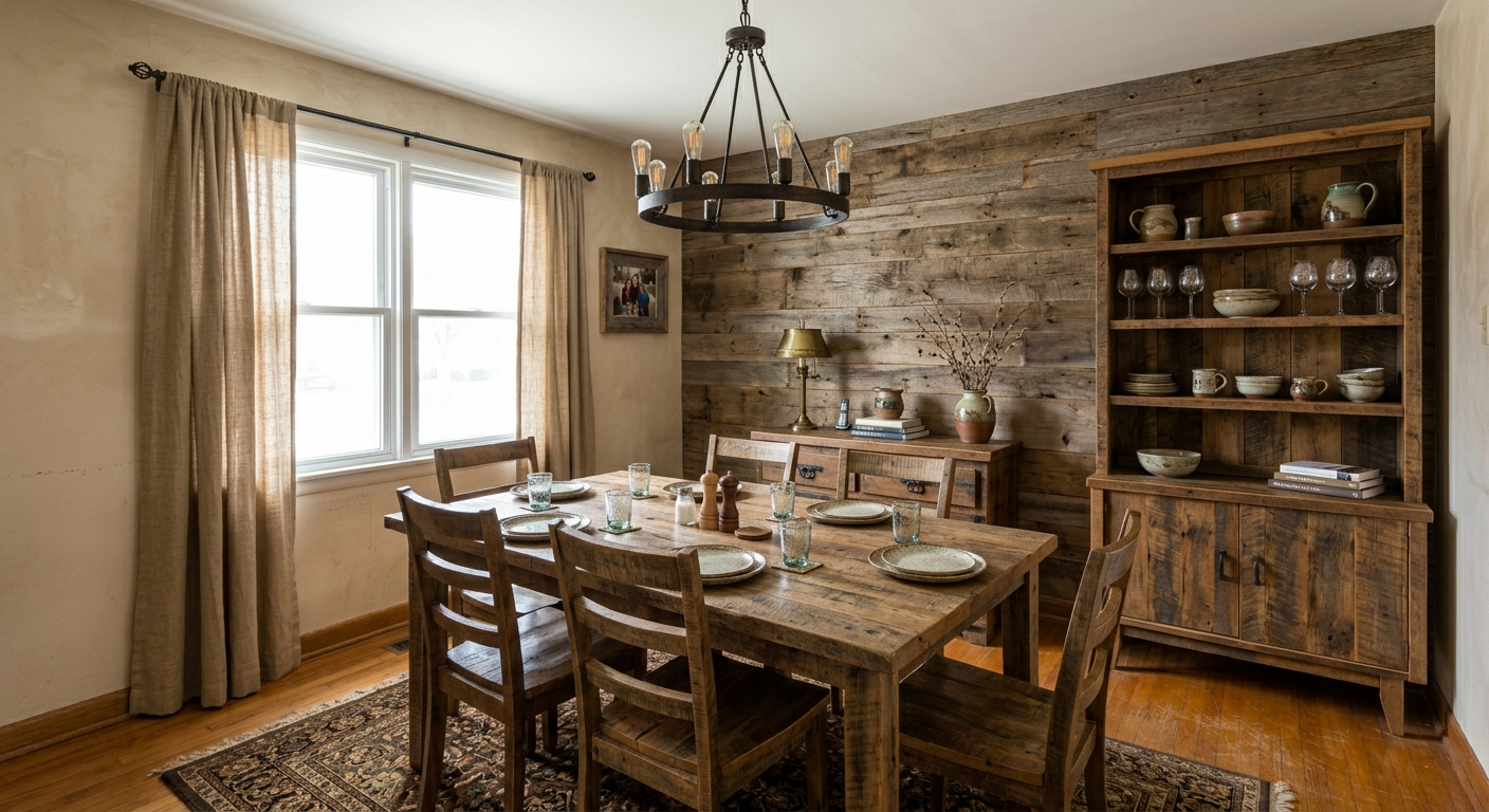 Completed rustic dining room redesign generated by AI
