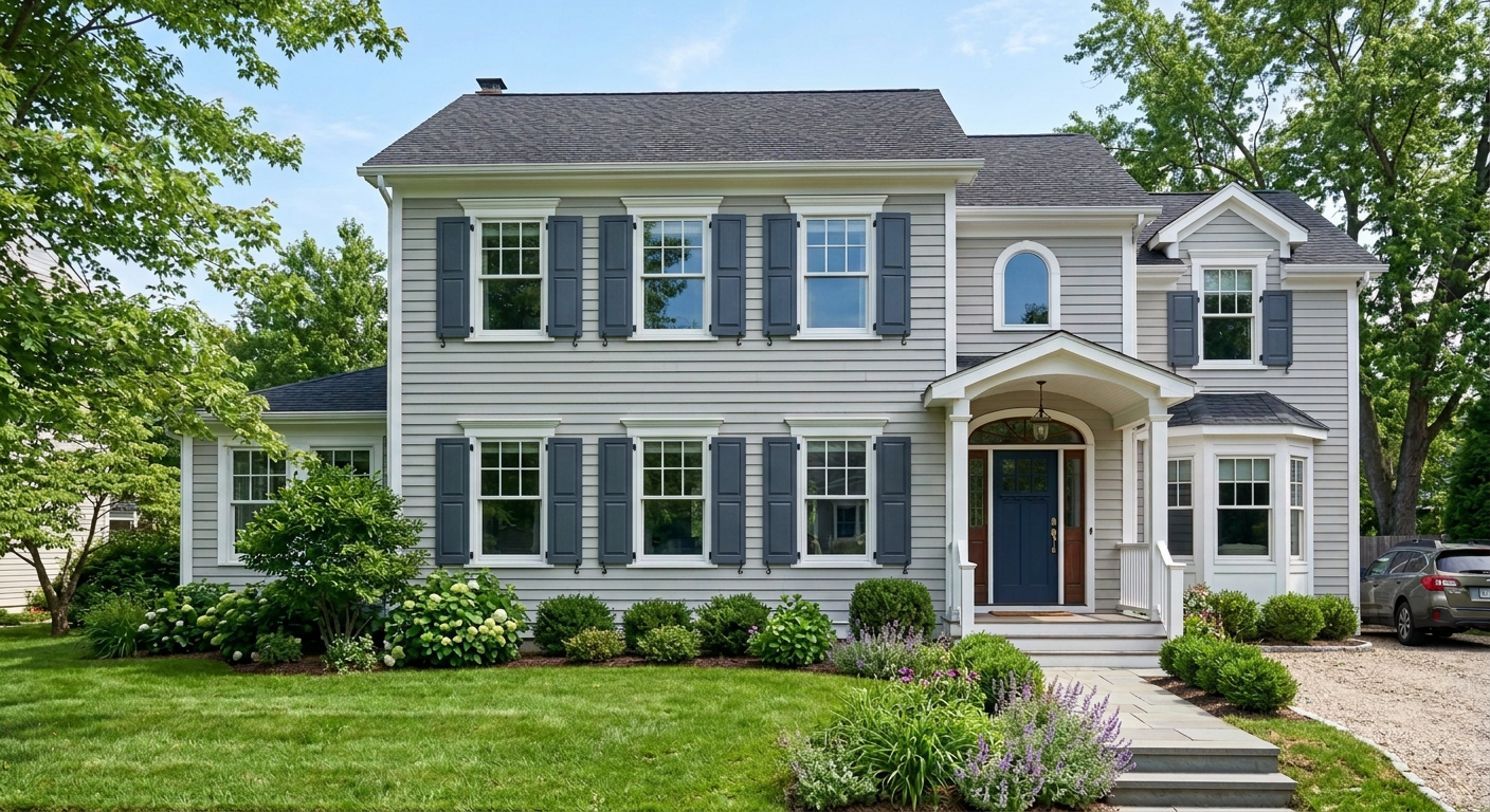 Home exterior enhanced with custom dark decorative shutters generated perfectly by Nano Banana Image AI