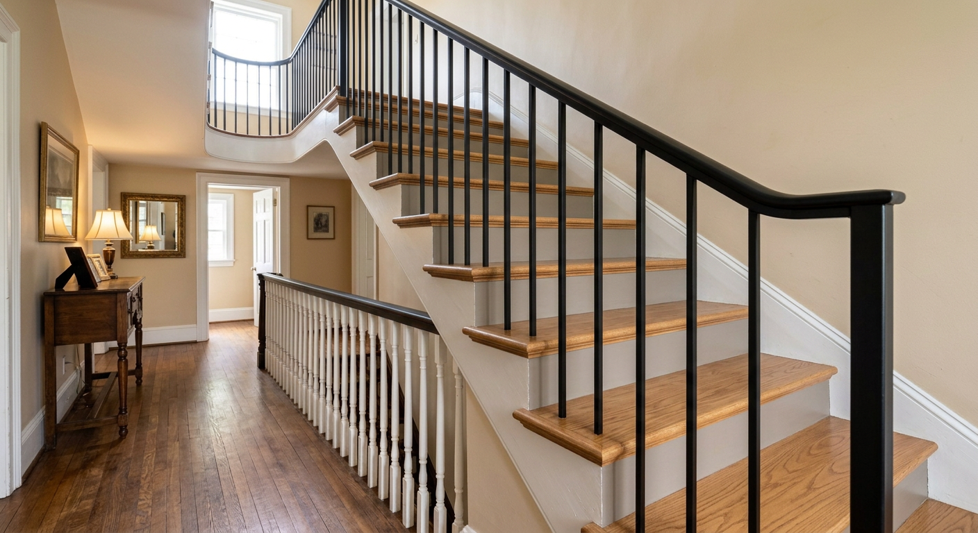 A modern, renovated staircase generated by Nano Banana Image AI featuring updated balusters and treads