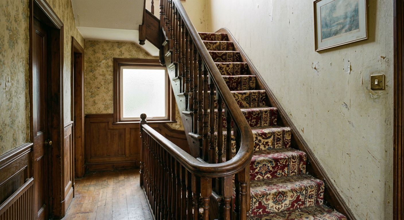 A dated, traditional wooden staircase with heavy, obstructive balusters and worn treads, limiting light and spatial flow.