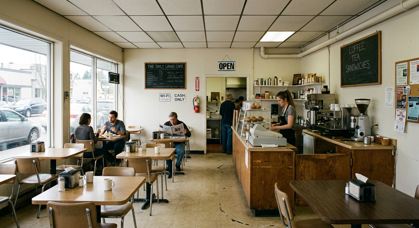 Cafe interior before AI redesign showing a basic, uninspired layout