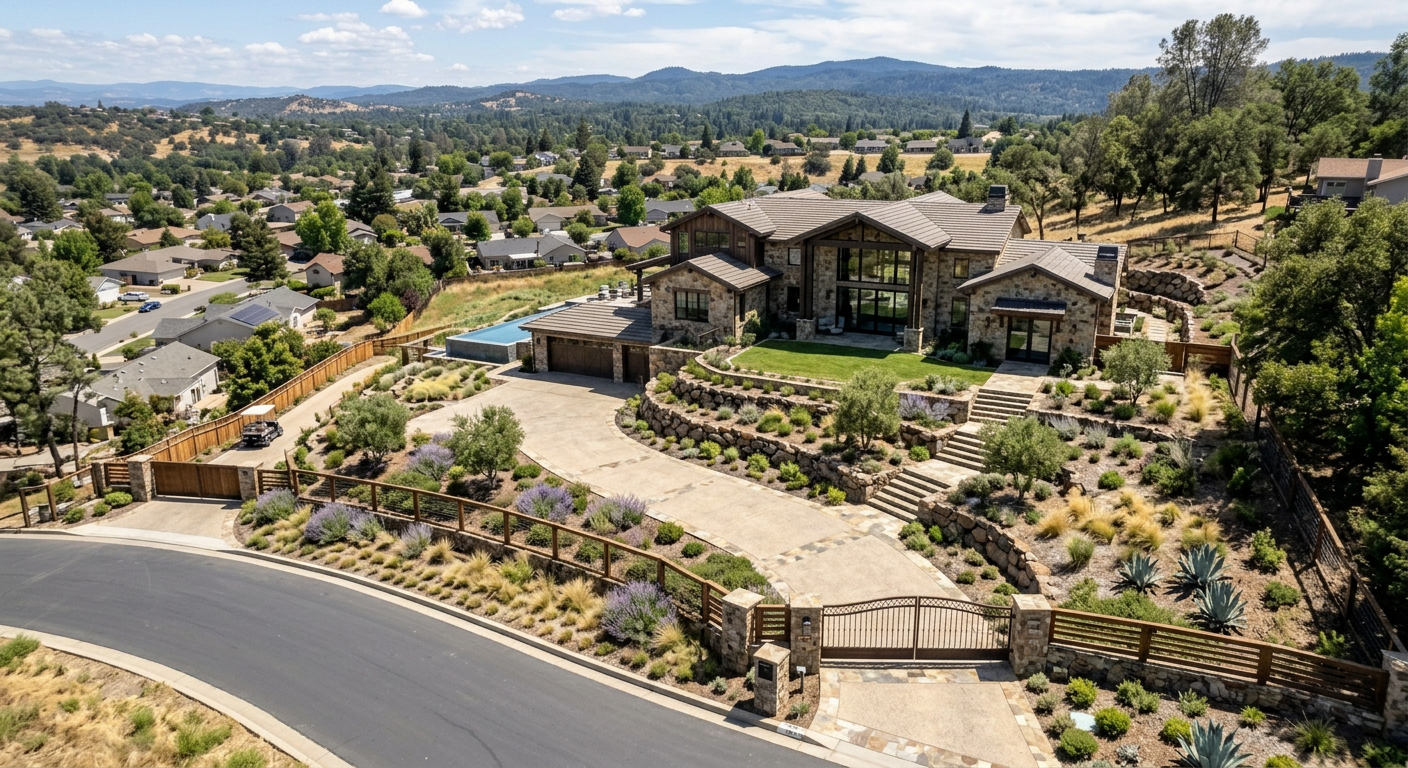 Photorealistic AI generated modern home seamlessly integrated into the previously vacant lot, showcasing architectural rendering