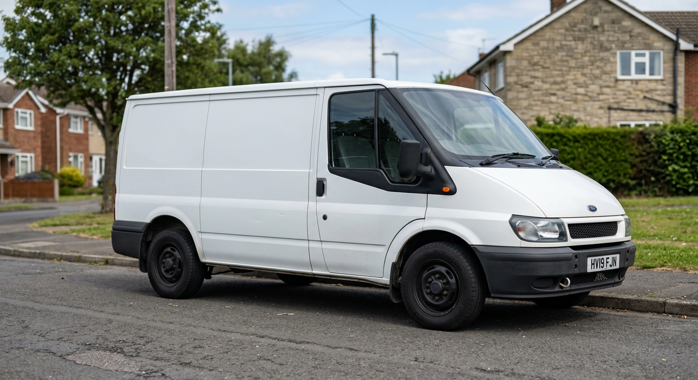 Stock factory van with standard OEM steel wheels and hubcaps before custom rim modification