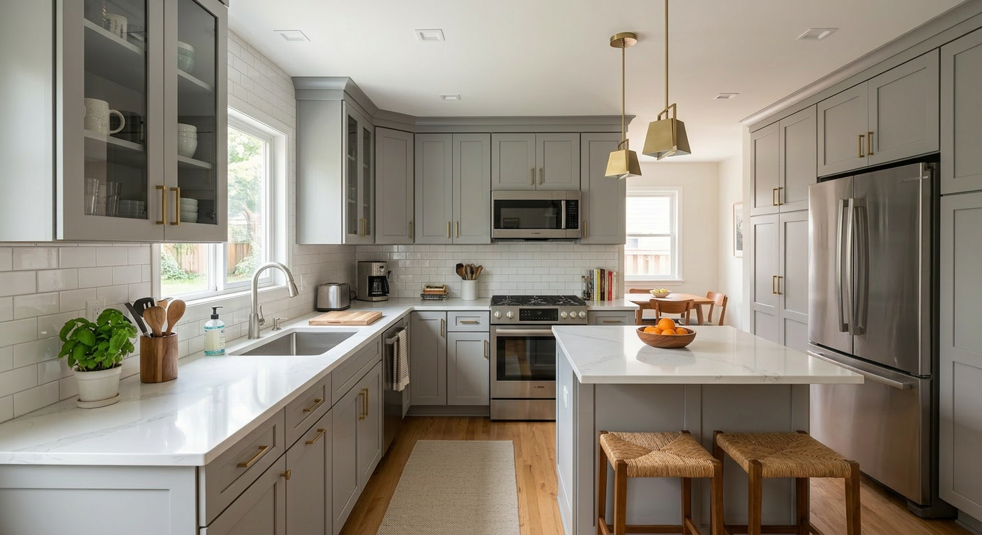 Stunning AI-generated modern kitchen remodel featuring new cabinets, premium countertops, elegant backsplash, and high-end appliances