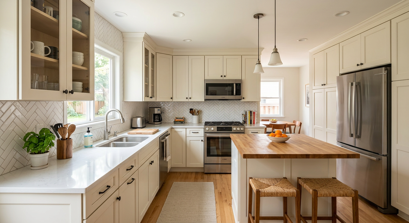 Original outdated kitchen before remodel showing basic cabinets, old countertops, and inefficient layout