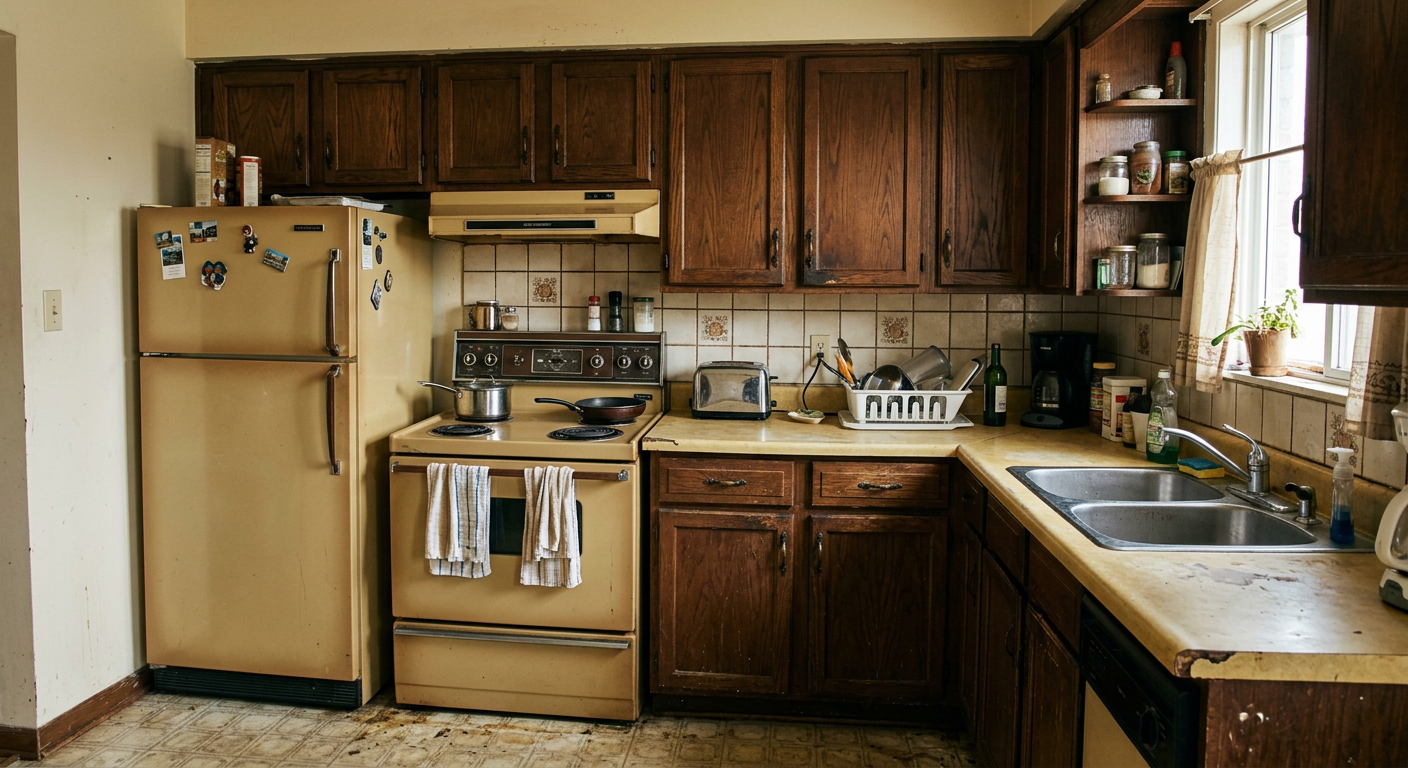 Outdated kitchen before virtual renovation showing old cabinets and poor lighting