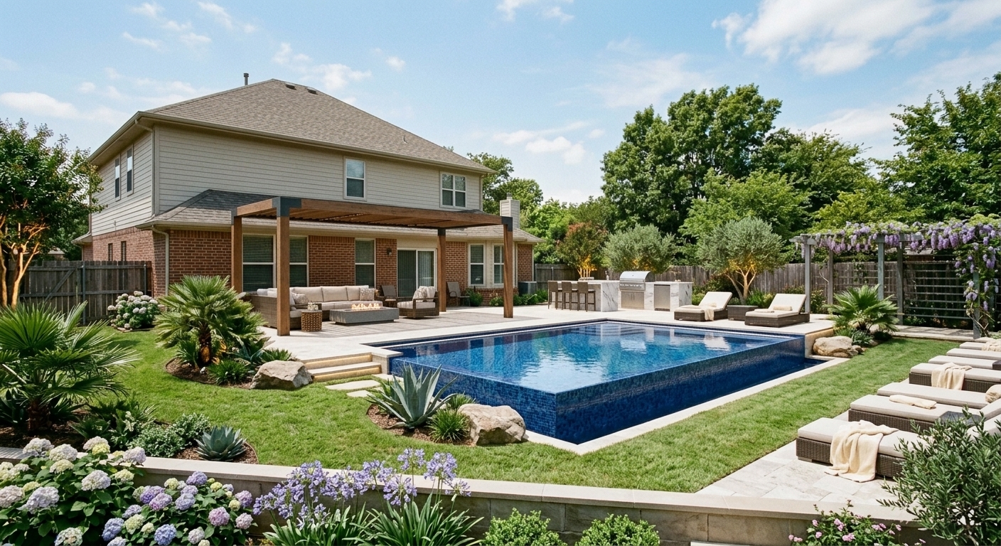 Luxurious backyard after virtual pool addition using P20V
