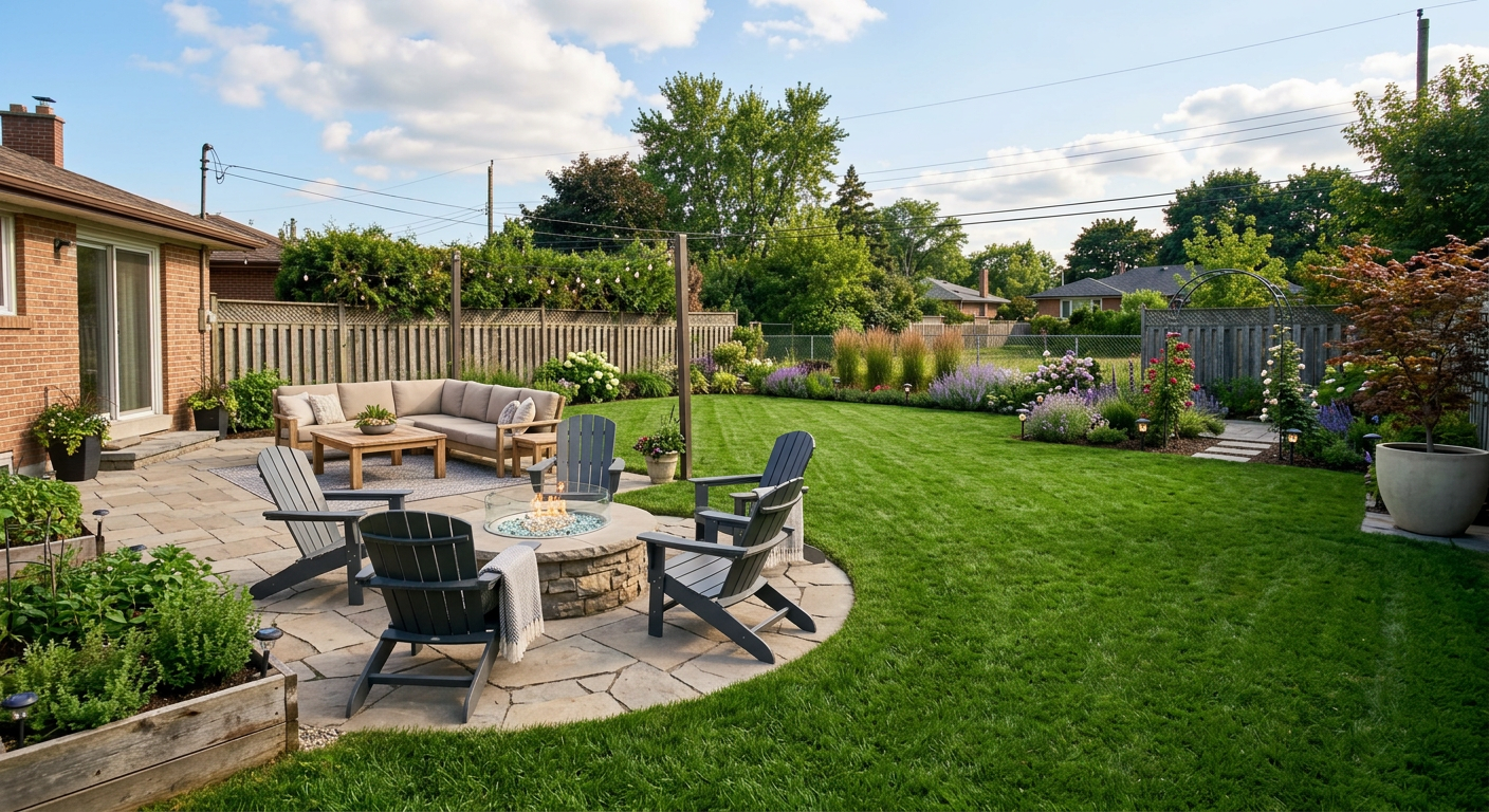Beautifully virtually staged backyard with lush landscaping, fire pit, and modern seating area by p20v.com