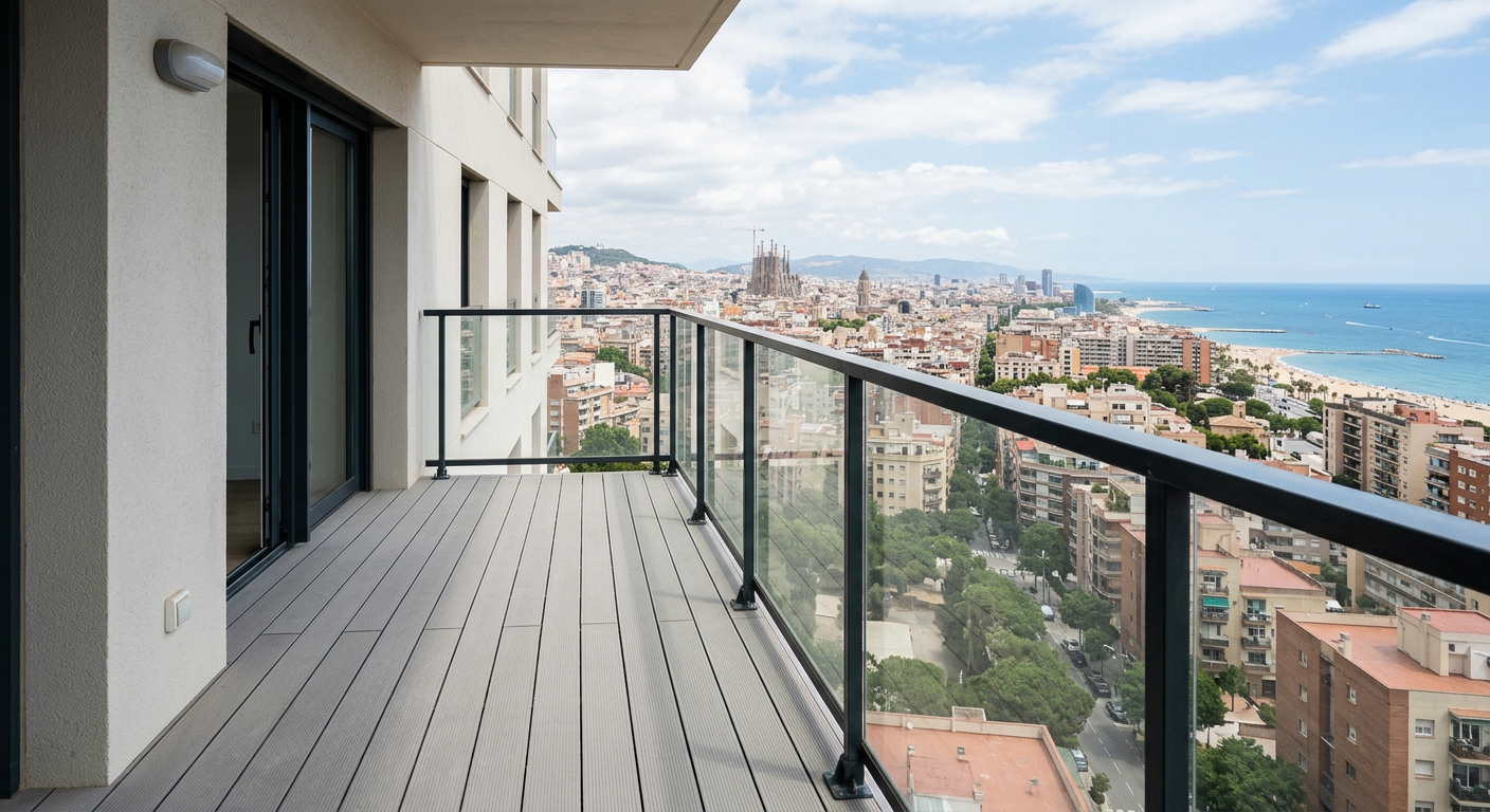 Empty concrete apartment balcony before AI virtual staging, lacking character, seating, or urban appeal.