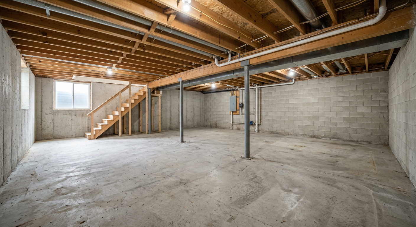 Empty, unfinished concrete basement before virtual staging