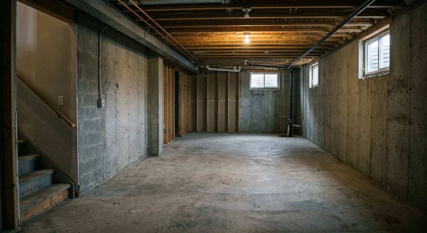 Empty, unfinished basement with concrete floors and bare walls before virtual staging