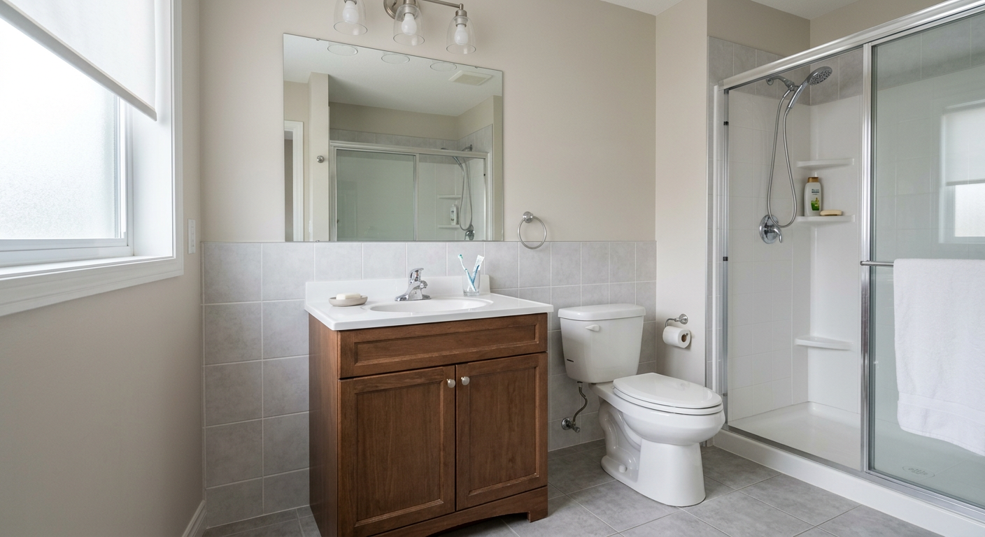 Empty, unstaged bathroom in a real estate listing needing virtual styling