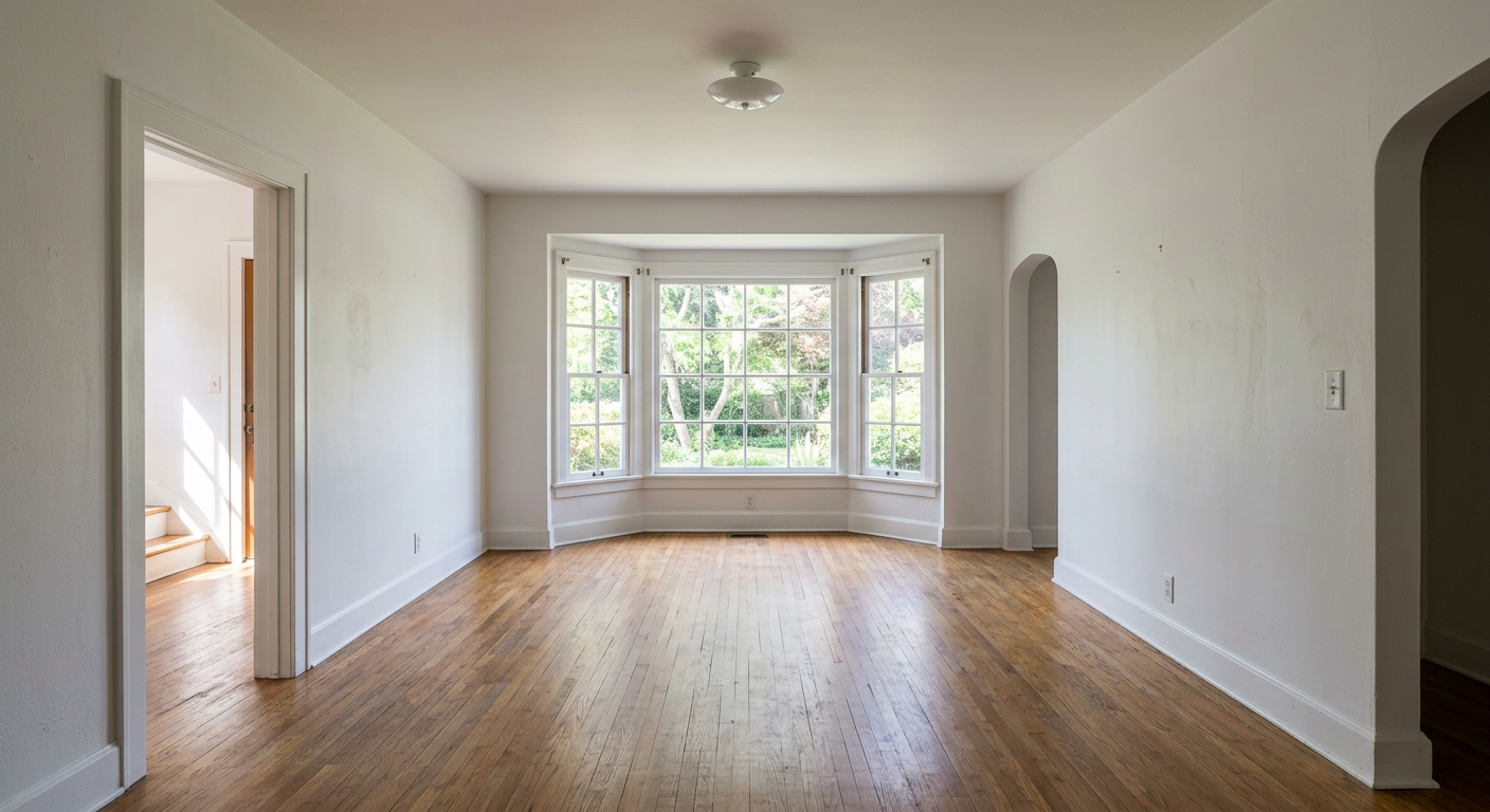 Empty unappealing dining room lacking furniture and character
