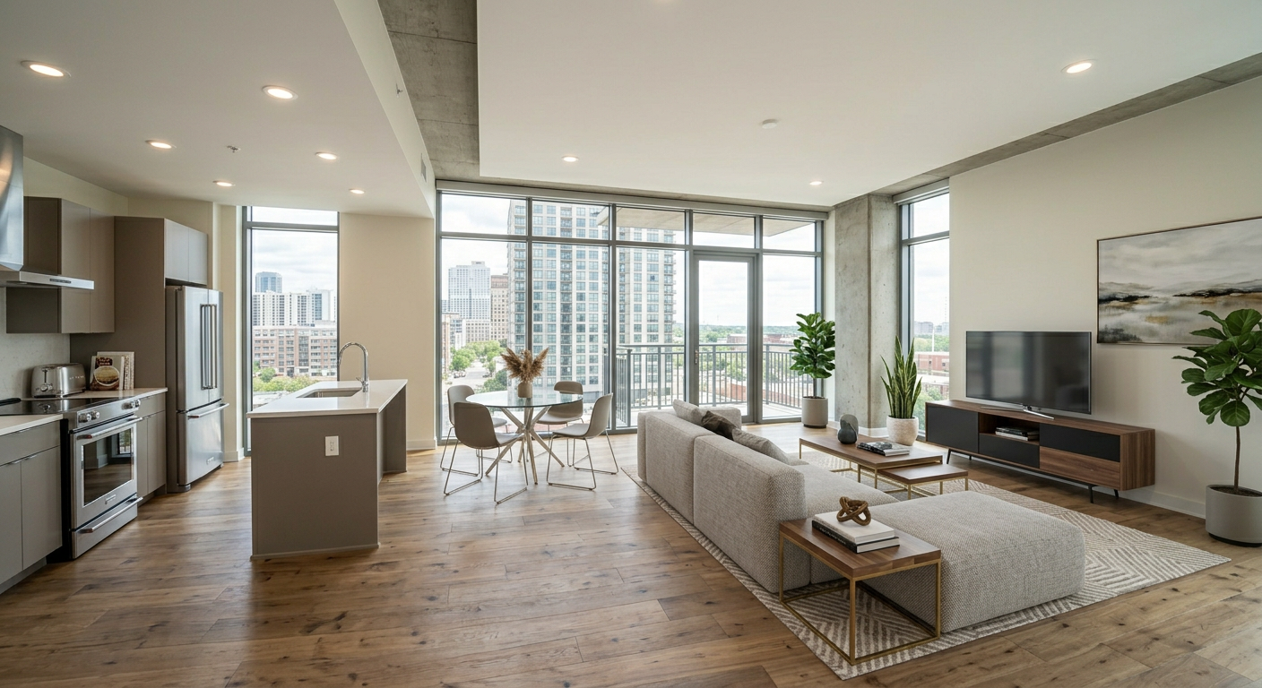 The same condo space beautifully staged using AI, featuring modern furniture, warm lighting, and sophisticated decor.