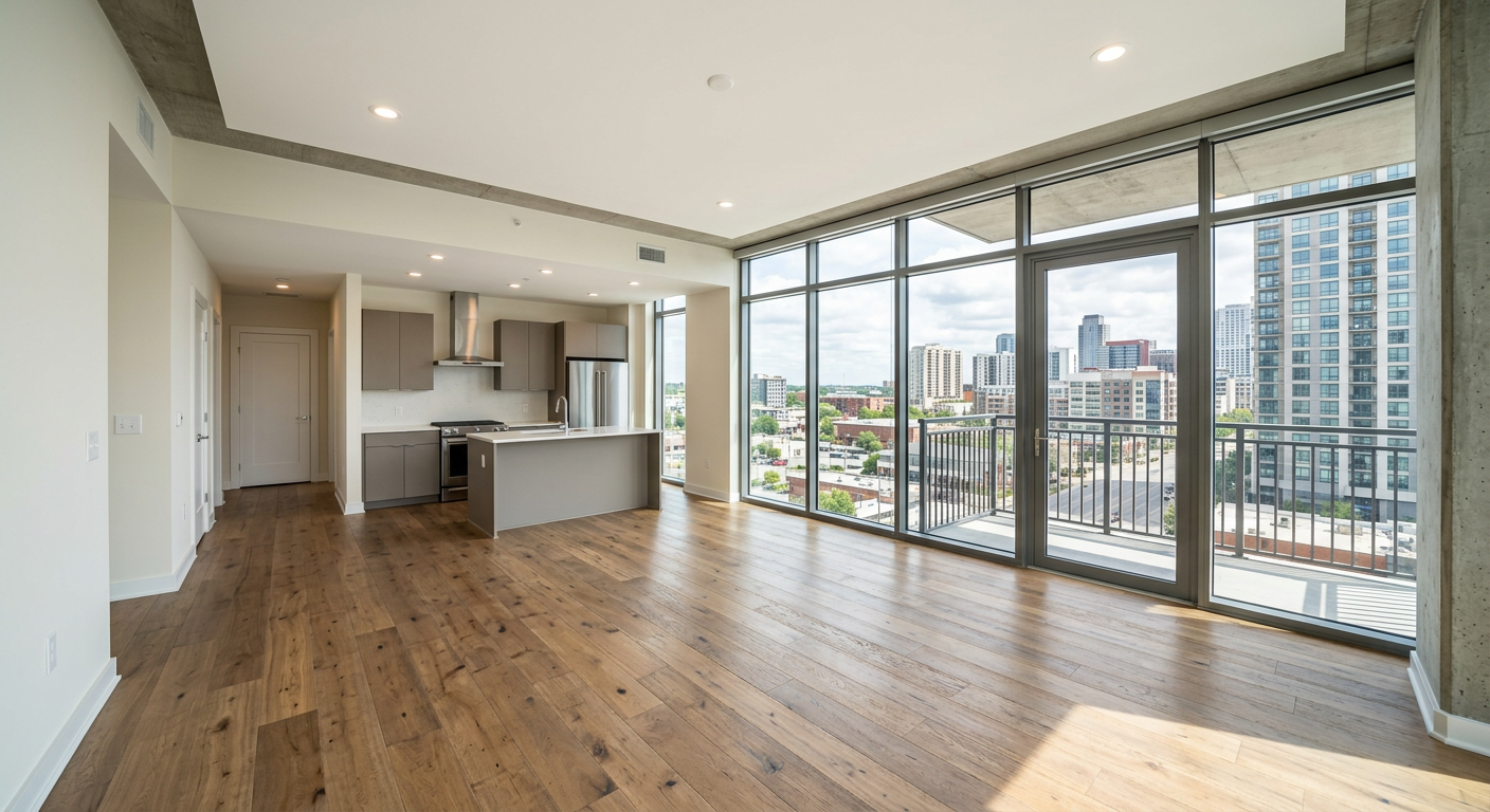 An empty, uninviting condo space lacking warmth and perspective before AI staging.