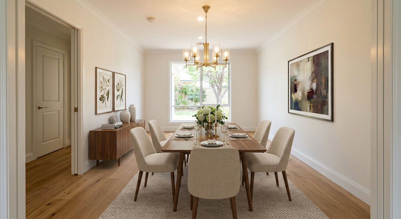An elegantly AI-staged dining room featuring modern furniture, warm lighting, and a sophisticated atmosphere