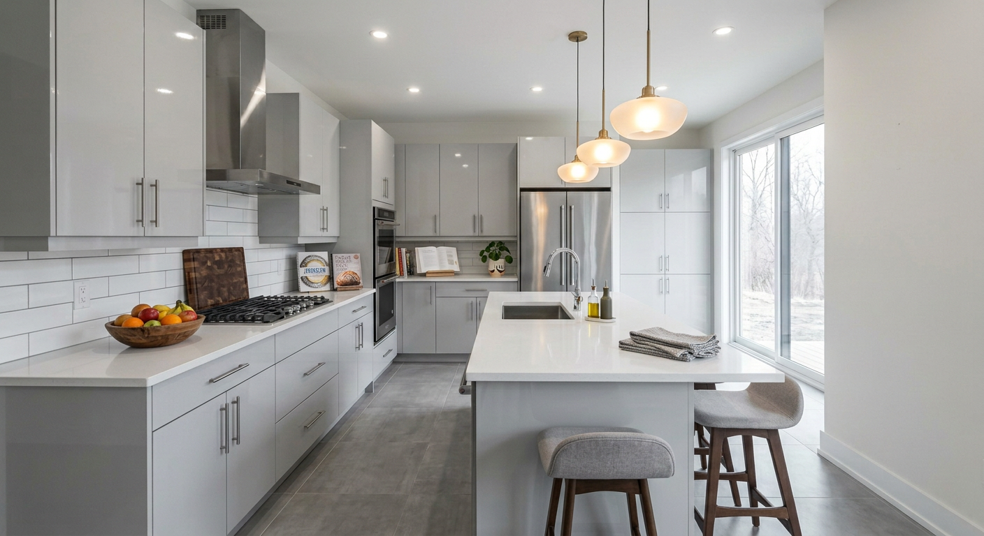 The same kitchen virtually staged with AI, featuring decor, warm lighting, and a lived-in feel