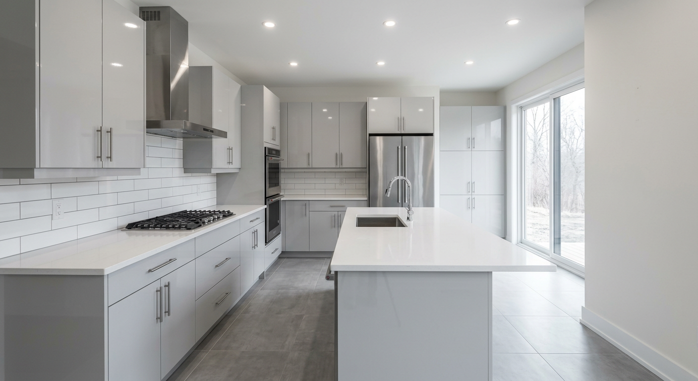 A bare, empty new construction kitchen before AI virtual staging
