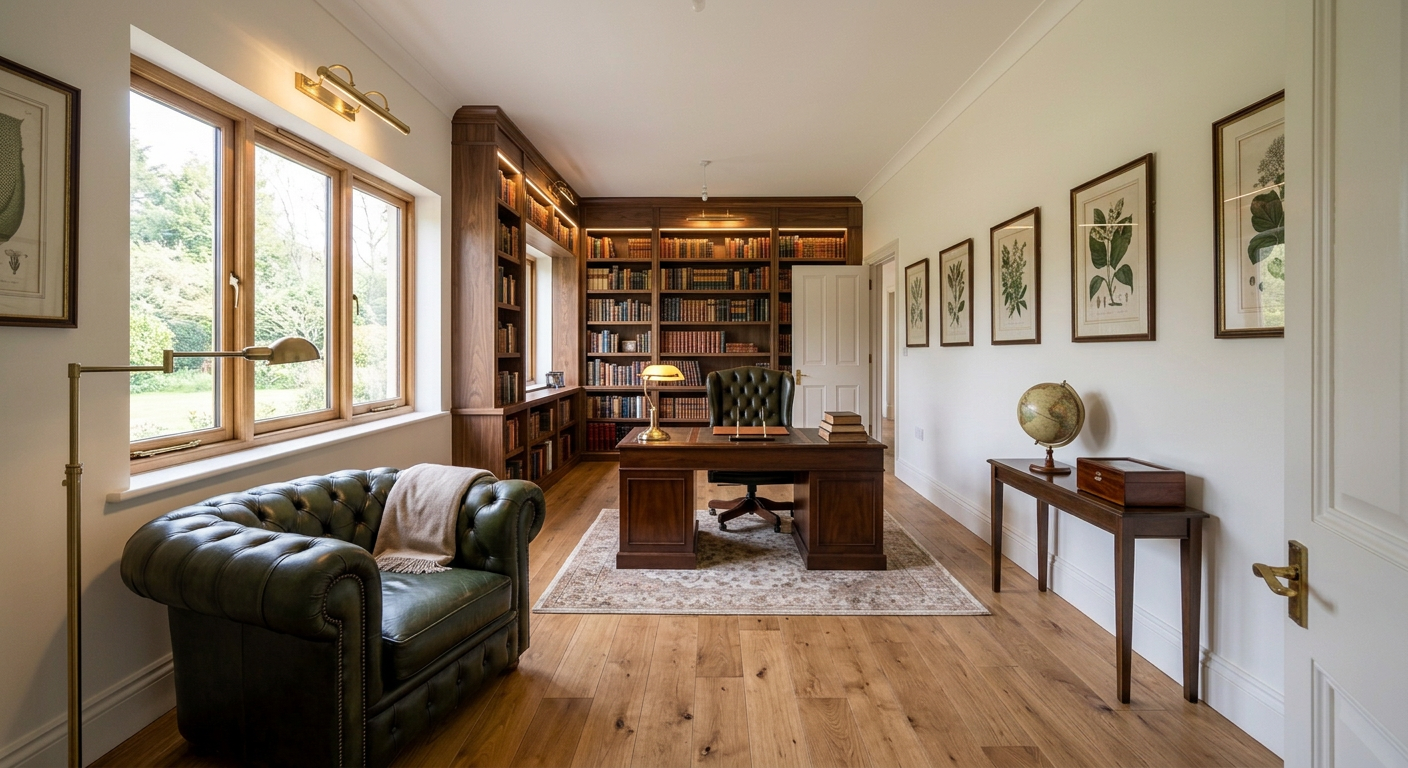 Elegant home library generated by Nano Banana Image AI featuring built-in bookshelves, classic decor, and a cozy reading nook