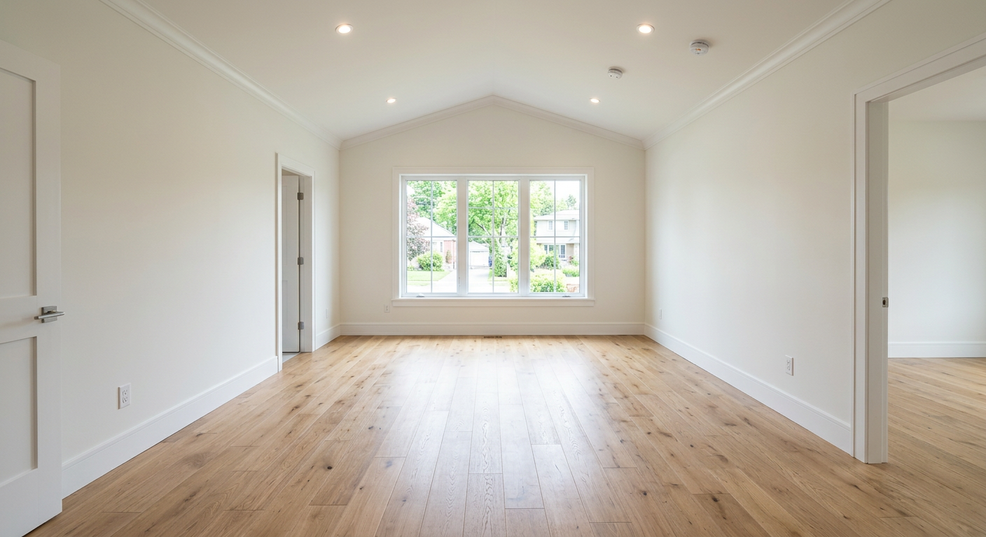 Vacant open concept living and dining space before AI virtual staging