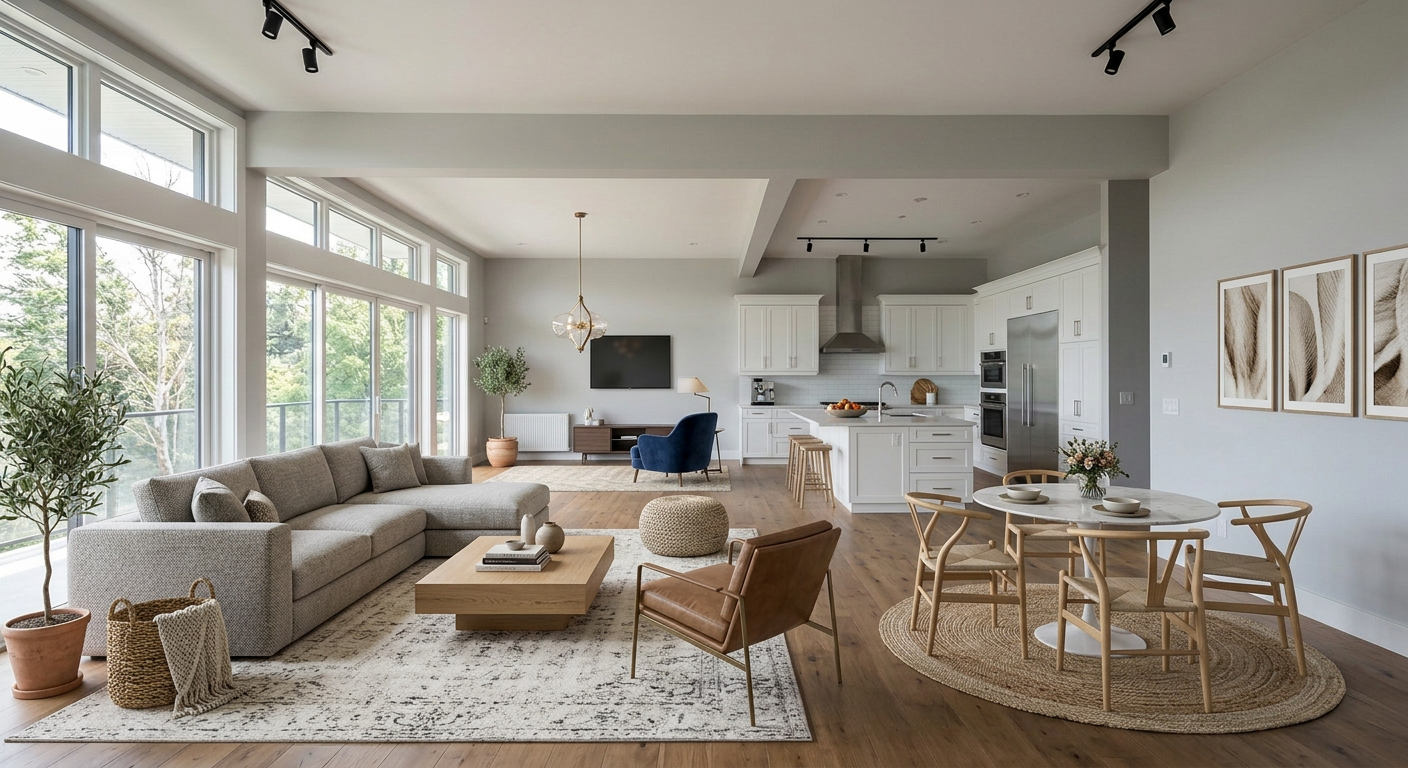 Beautifully AI virtually staged open-plan space showing living, dining, and kitchen zones defined seamlessly by Nano Banana Image AI