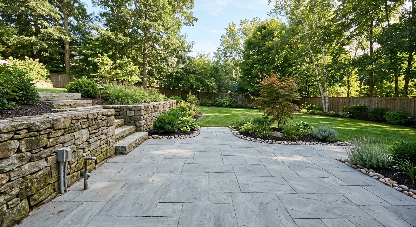 Bare backyard concrete patio before AI virtual staging