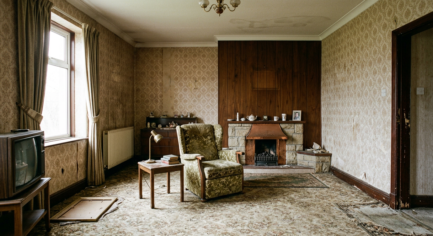Dated probate property living room before virtual staging, showing outdated decor and furniture