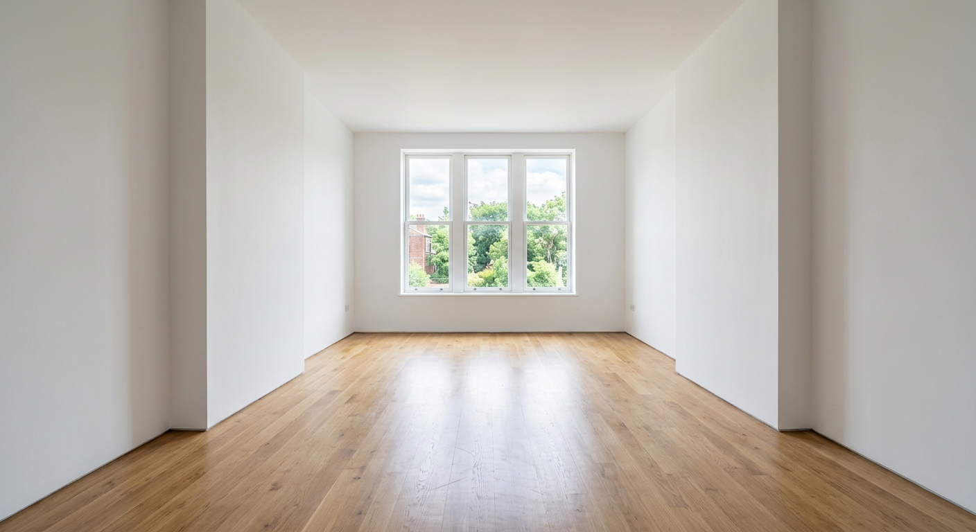Empty real estate room before virtual staging, showcasing a blank canvas for AI architectural design
