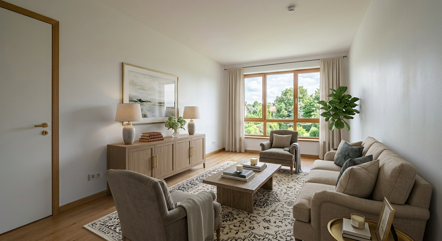 Beautifully staged transitional style living room using Nano Banana Image AI