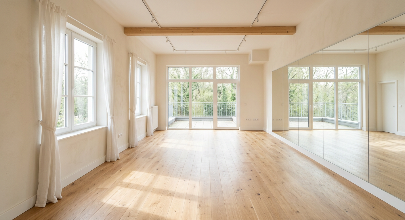 Empty commercial room before virtual staging for wellness studio