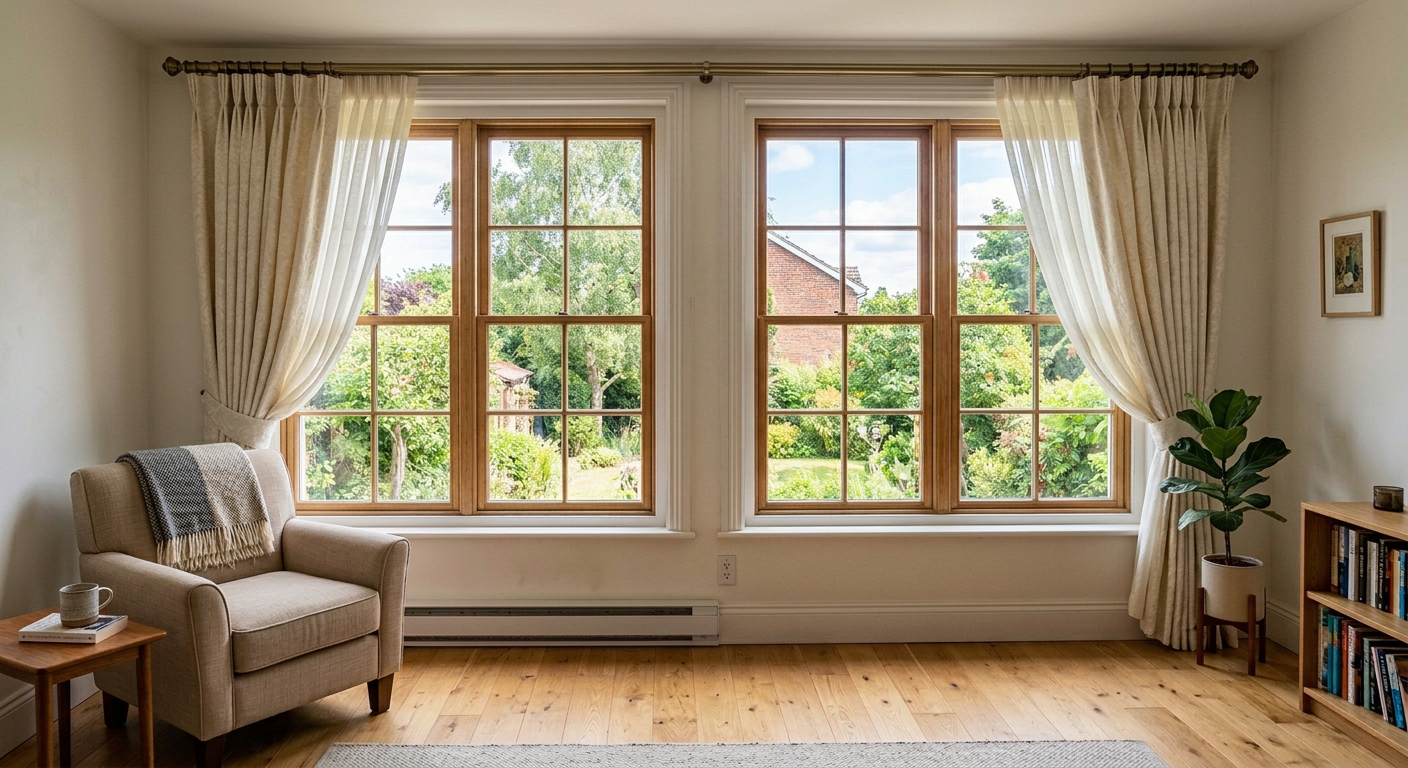 Same room warmed up with elegant AI-generated curtains