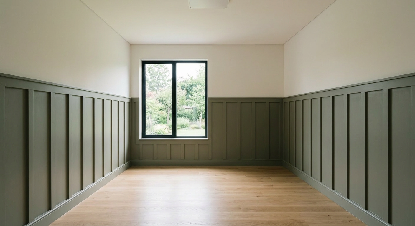 The same interior wall transformed with sophisticated board and batten wall paneling visualized by AI-Architectures