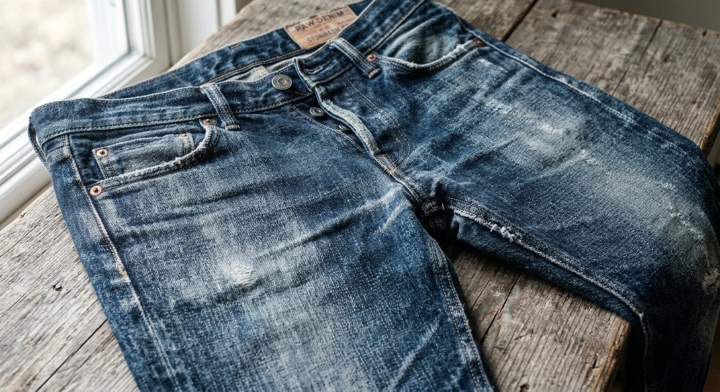 Garment after simulated AI wash treatment showing distress and fading