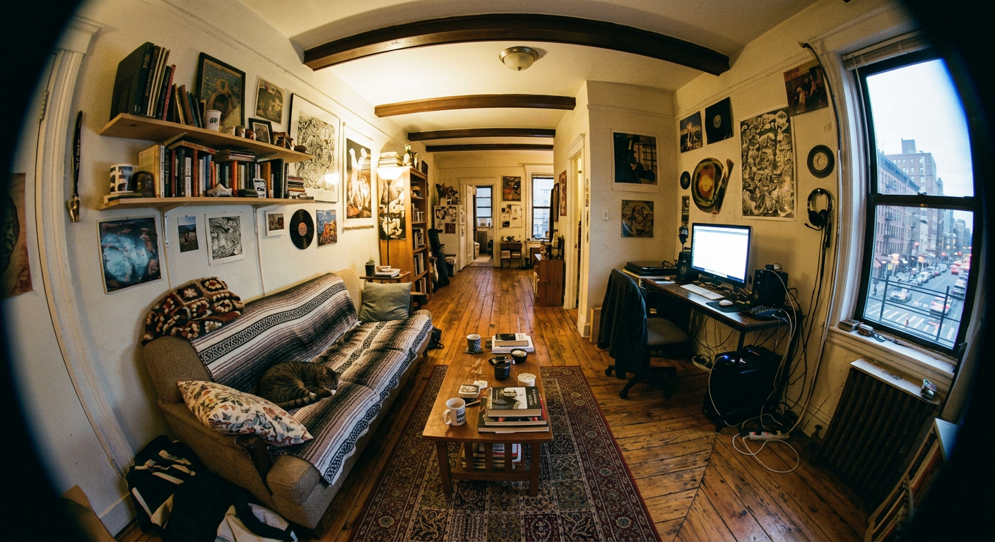 Real estate photo showing severe wide-angle barrel distortion, stretched furniture, and unnatural room proportions