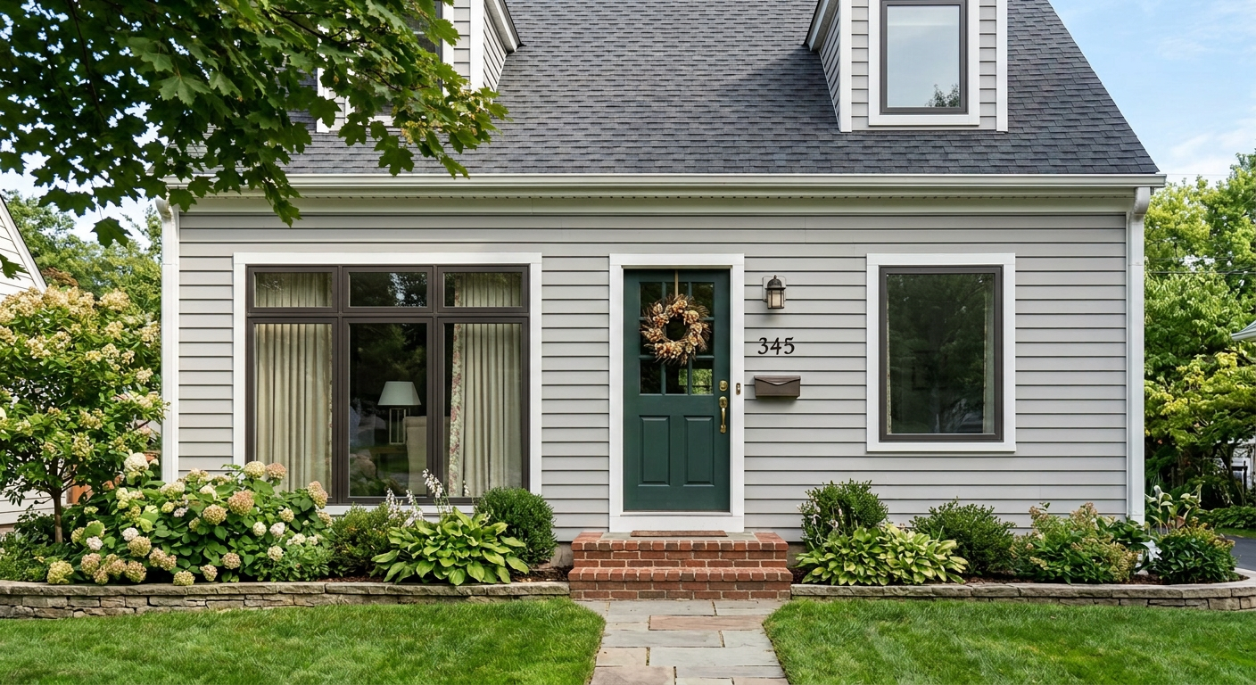 House exterior after AI window replacement visualization, showcasing large modern dark-framed windows