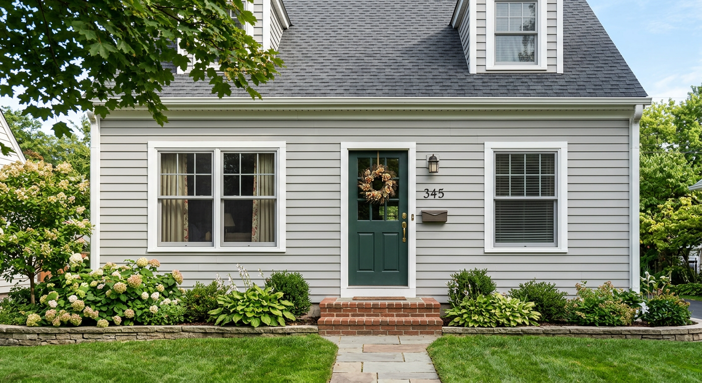 House exterior before window replacement, showing older, standard-sized windows