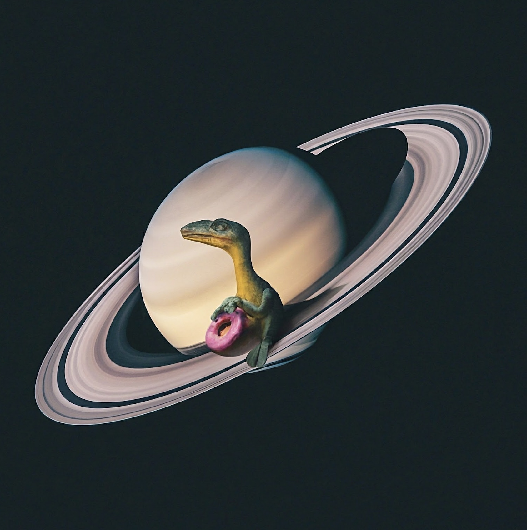 Dinosaur eating a donut, sitting on one of Saturn's rings