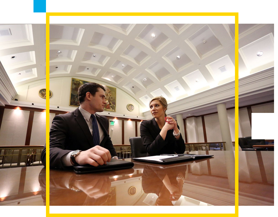 Two law students sitting in the Drake Law School’s Constitutional Law Center