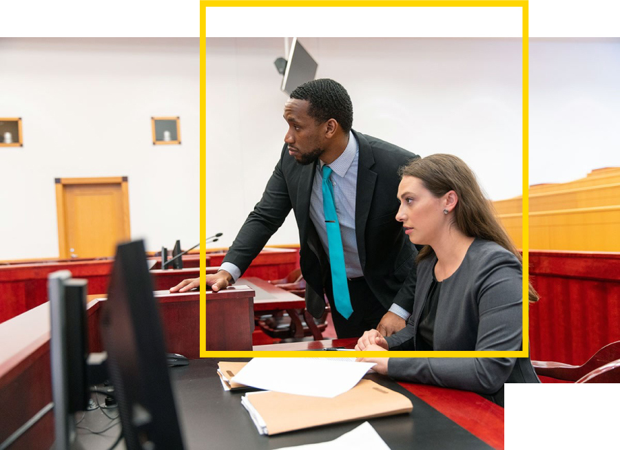 Two law students at Drake Law School’s Legislative Practice Center doing a mock trial