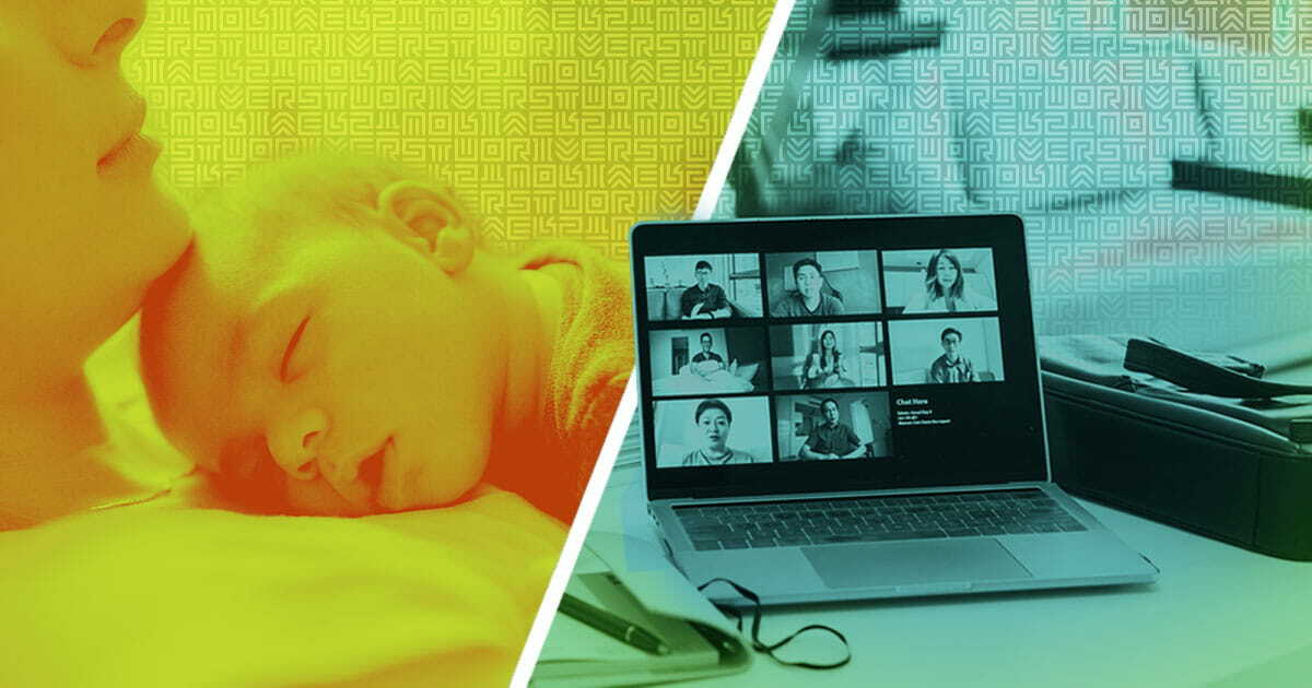 Split view of mother with baby and laptop with team video call.