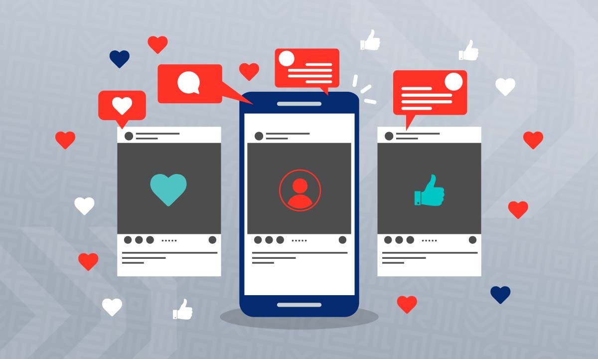 Devices on social media showing likes, hearts and engagements.