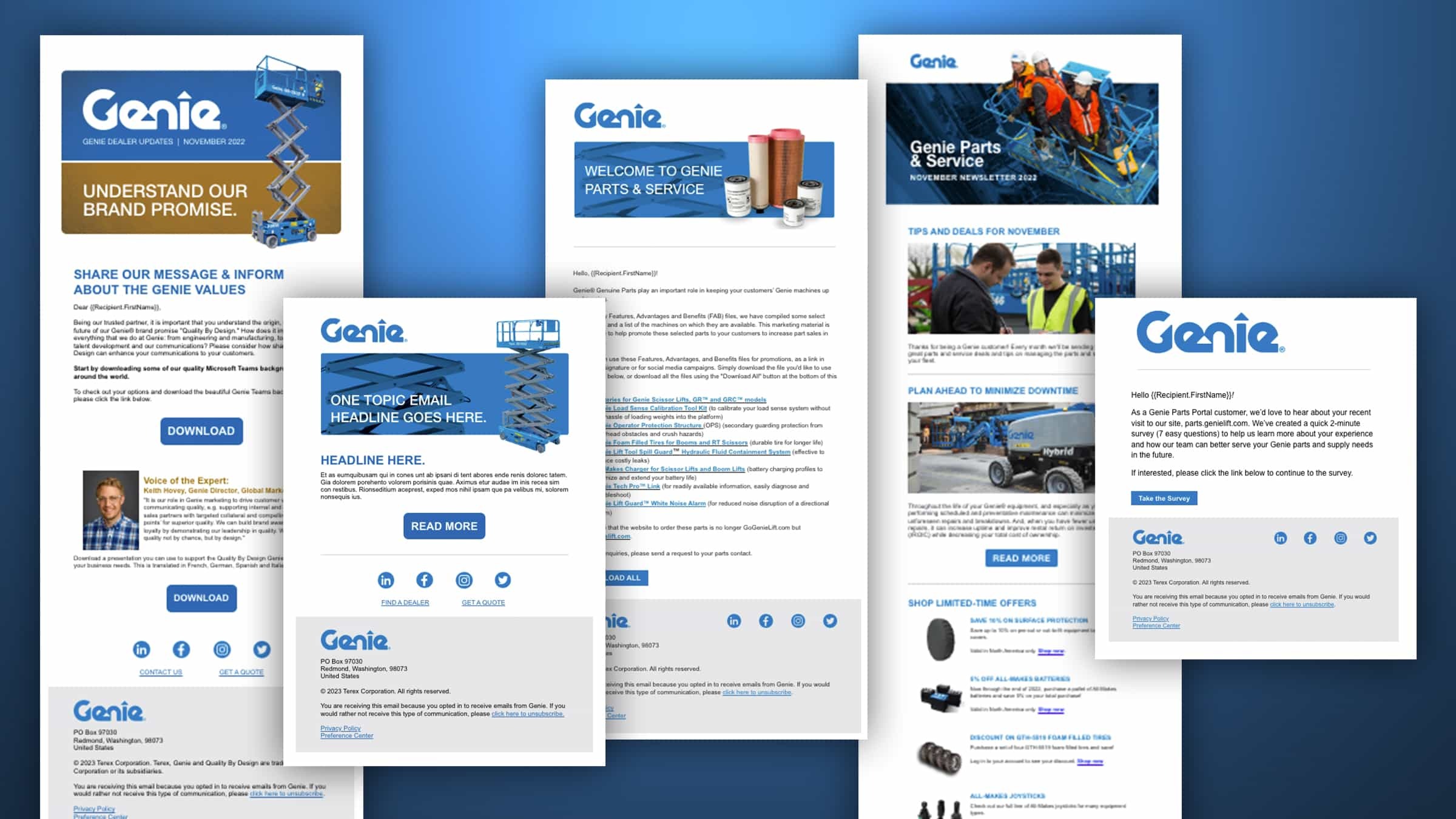 Collage of 5 unique Genie lift email templates