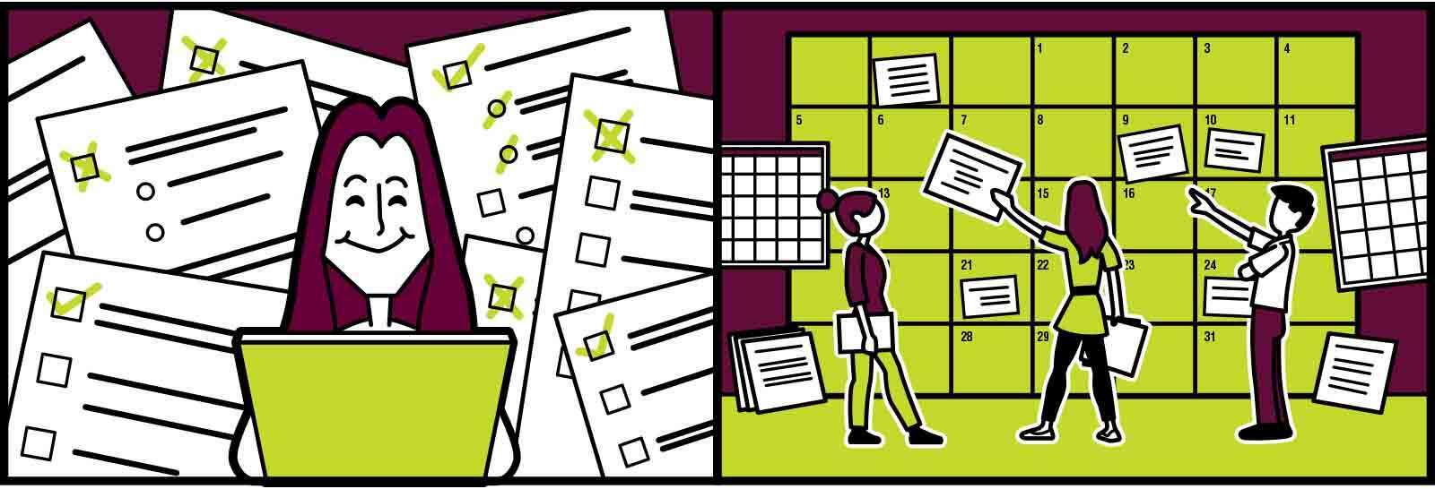 Comic strip of Meredith Pierick working on a computer with to do lists and managing a large calendar