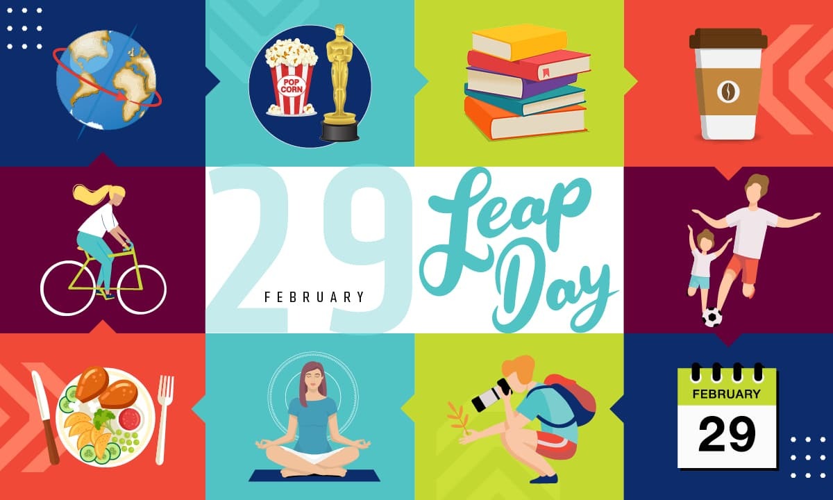 Icons for Leap day various activities, including bicycling, soccer, photography, and popcorn.