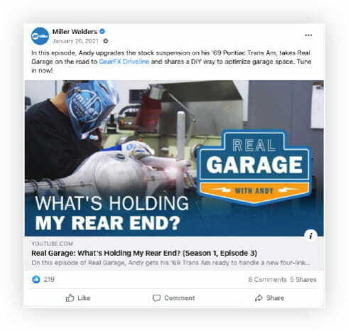 Screenshot of social media post promoting a recent episode of Millers’ Real Garage video series