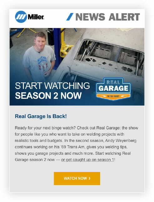 Screenshot of email newsletter promoting the season 2 of the Miller Real Garage video series