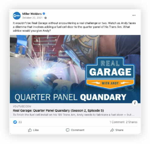 Screenshot of social media post promoting a recent episode of Millers’ Real Garage video series