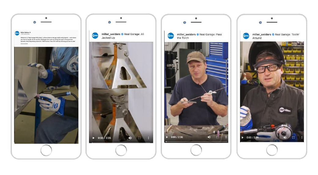 Four smartphones in a horizontal line show images of expert welders at work as part of Miller Real Garage welding video tips series