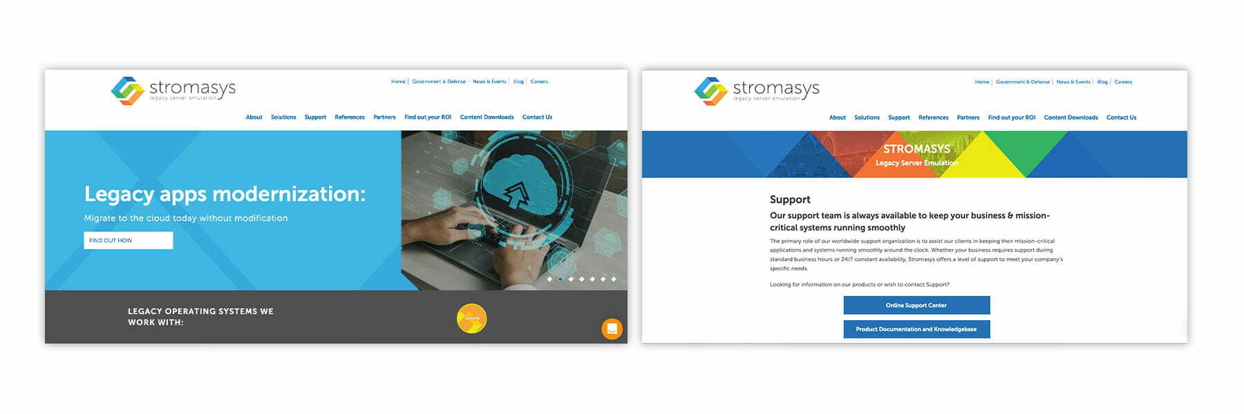 two side-by-side screenshots of stromasys website before redesign project