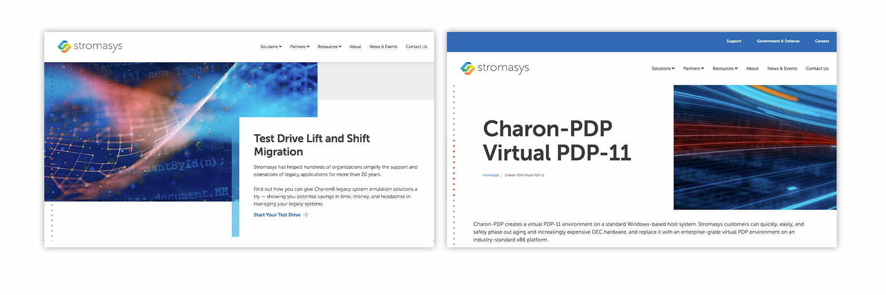 two screenshots of redesigned stromasys landing pages